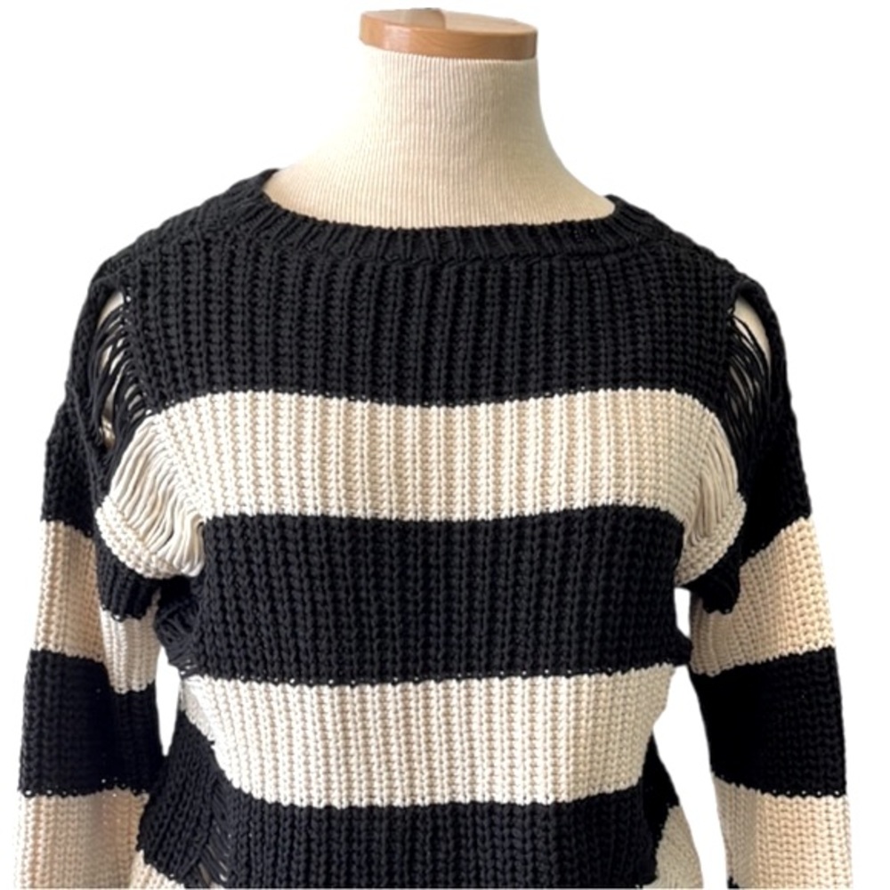 Sandro Stripe Distressed Knit Sweater, Black & Cream, size EU 2/Med, US 4-6 - Picture 4 of 16